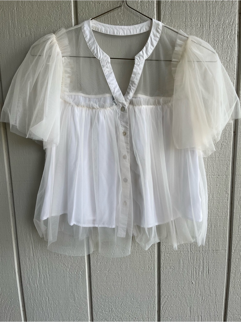 Sunday in Brooklyn Anthro Tulle Swing Blouse Button Front Sheer White Chiffon S